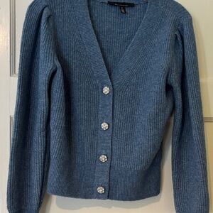 White House Black Market Dusty Blue V-Neck Cardigan with Rhinestone Buttons